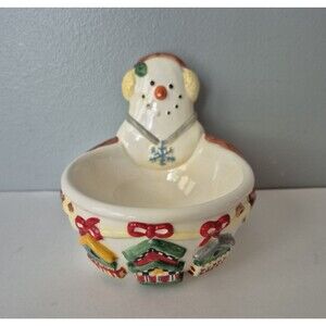 Debbie Mumm Sakura Christmas Holiday Snowman Ceramic Candy Dish or Serving Bowl